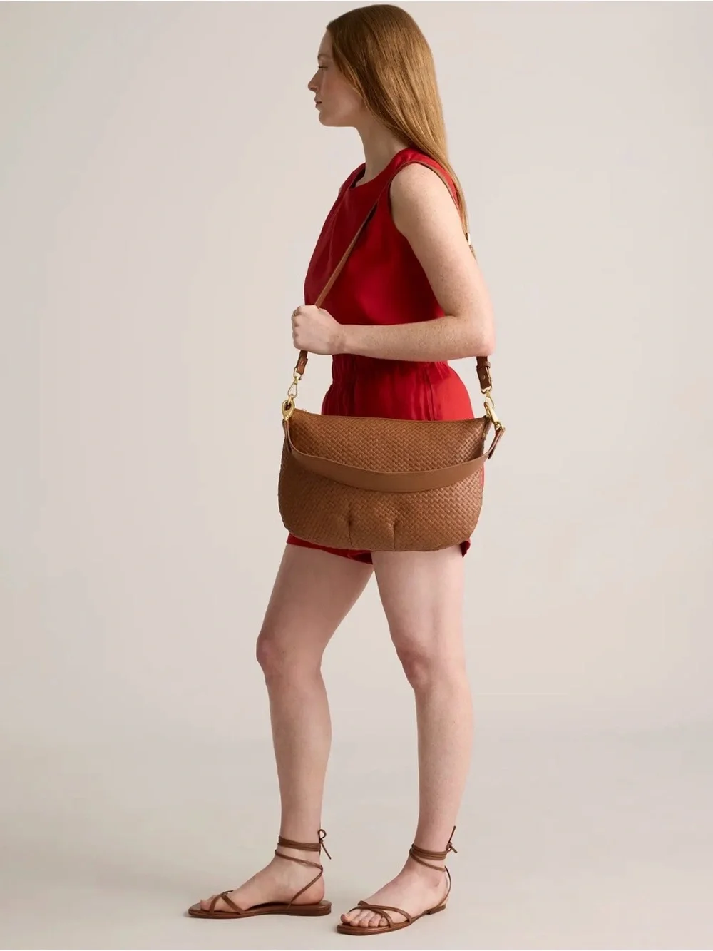 Sloane Handwoven Crescent Shoulder Bag in Cognac Quince